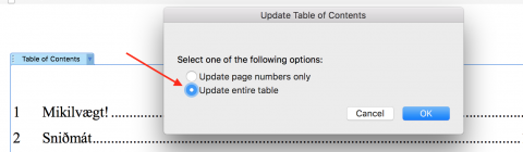 Mynd sem sýnir þegar smellt er á update entire table.